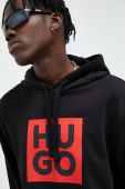Бавовняна кофта HUGO чоловіча колір чорний з капюшоном з принтом (3413984)