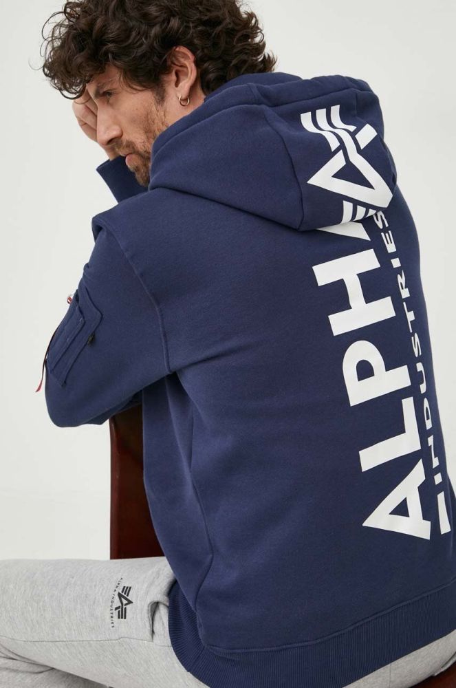 Кофта Alpha Industries чоловіча колір синій з капюшоном з аплікацією