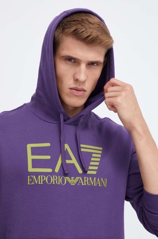Бавовняна кофта EA7 Emporio Armani чоловіча колір фіолетовий з капюшоном з принтом фото 4