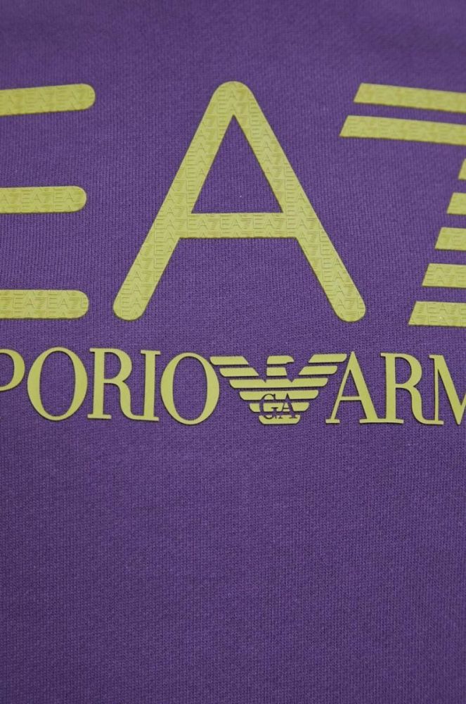 Бавовняна кофта EA7 Emporio Armani чоловіча колір фіолетовий з капюшоном з принтом фото 5