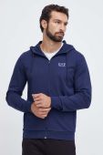 Бавовняна кофта EA7 Emporio Armani чоловіча колір синій з капюшоном з принтом