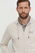Бавовняна кофта EA7 Emporio Armani чоловіча колір бежевий з капюшоном з принтом