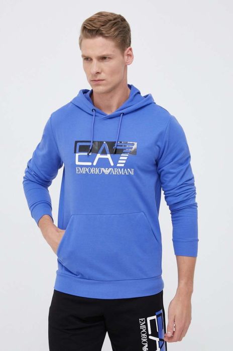 Бавовняна кофта EA7 Emporio Armani чоловіча з капюшоном з принтом колір блакитний