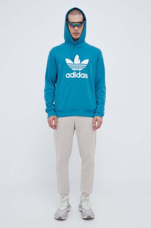 Бавовняна кофта adidas Originals чоловіча колір бірюзовий з капюшоном з принтом фото 2
