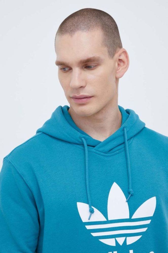 Бавовняна кофта adidas Originals чоловіча колір бірюзовий з капюшоном з принтом фото 4