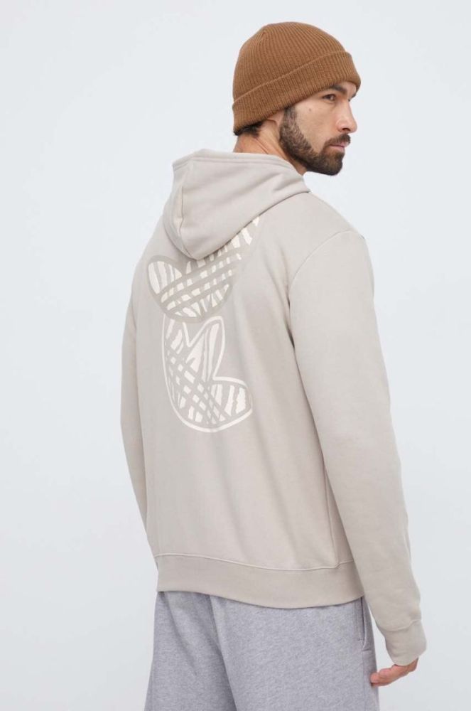 Бавовняна кофта adidas Originals чоловіча колір бежевий з капюшоном з принтом фото 3