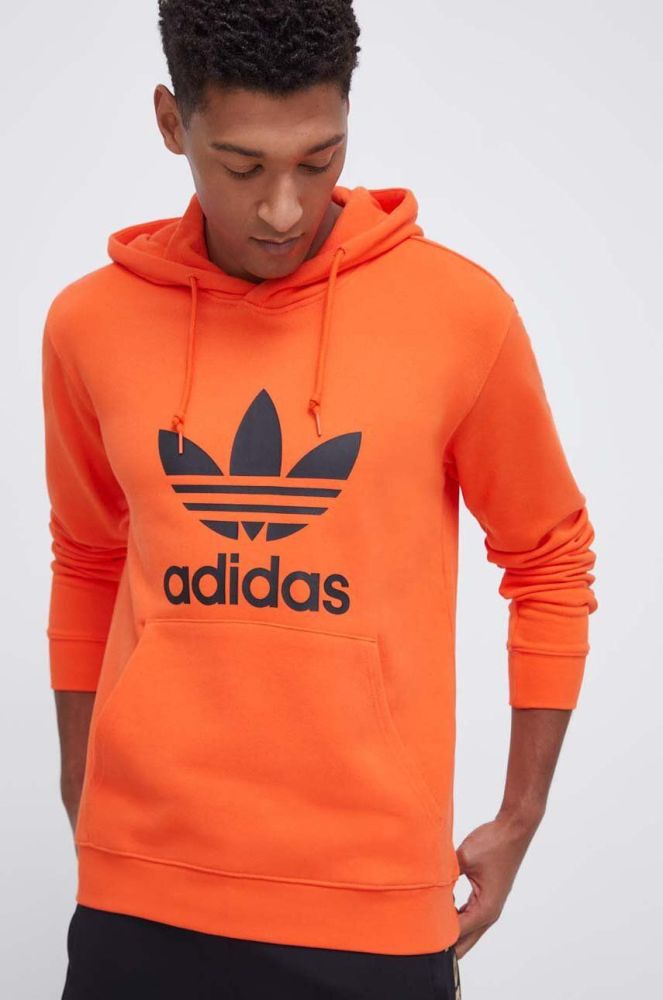 Бавовняна кофта adidas Originals чоловіча колір помаранчевий з капюшоном з принтом