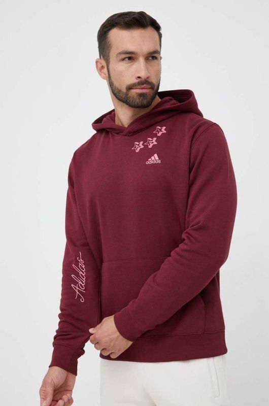 Кофта adidas чоловіча колір бордовий з капюшоном з аплікацією