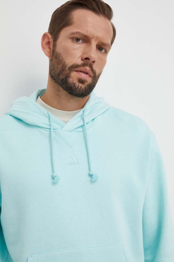 Кофта adidas чоловіча колір бірюзовий з капюшоном однотонна фото 4