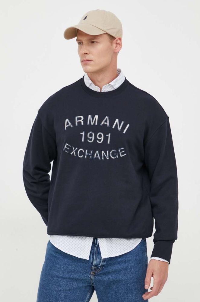 Бавовняна кофта Armani Exchange чоловіча колір синій з аплікацією (3351317)