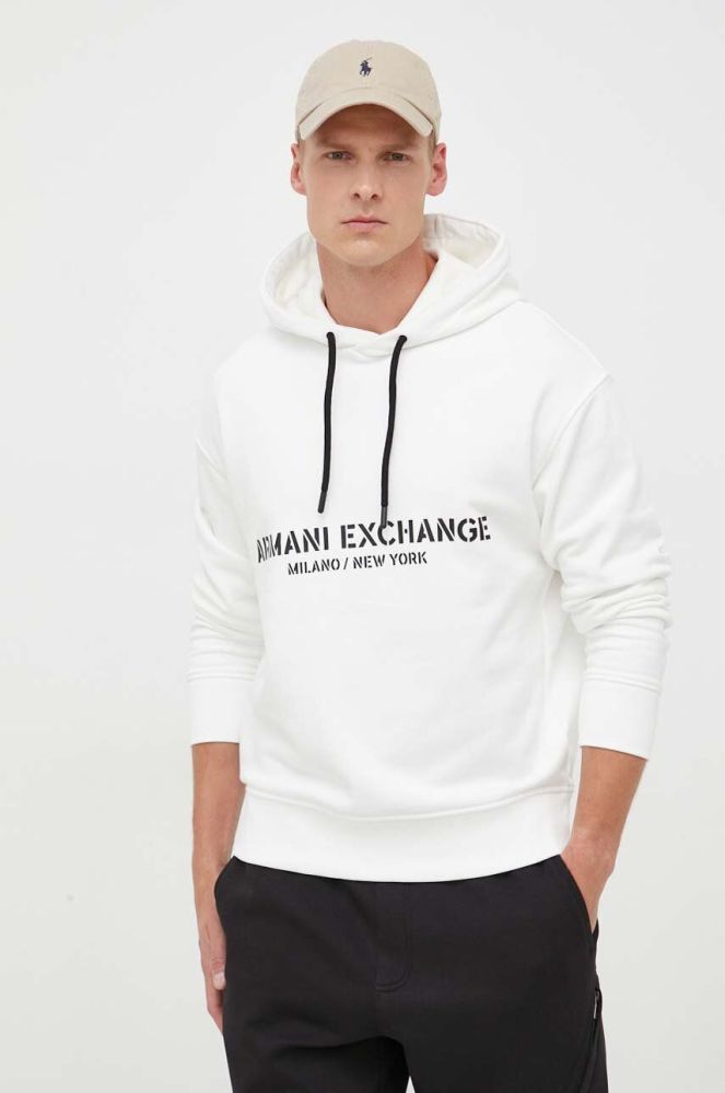 Бавовняна кофта Armani Exchange чоловіча колір бежевий з капюшоном з принтом (3351339)