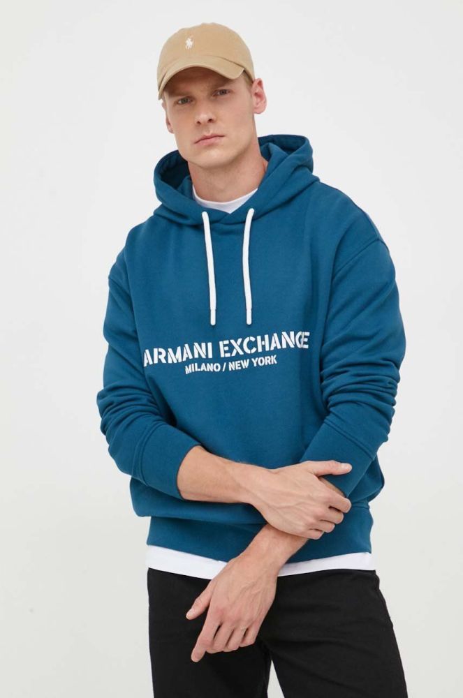 Бавовняна кофта Armani Exchange чоловіча з капюшоном з принтом колір блакитний