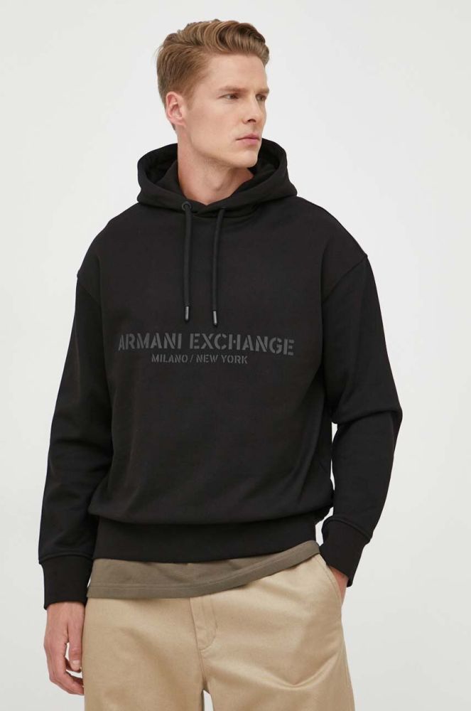 Бавовняна кофта Armani Exchange чоловіча колір чорний з капюшоном з принтом (3351344)