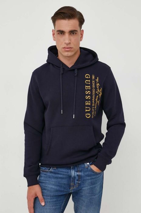 Кофта Guess чоловіча колір синій з капюшоном з аплікацією (3597435)