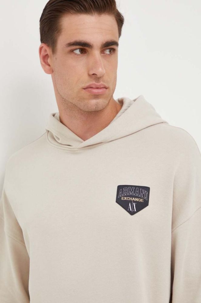Кофта Armani Exchange чоловіча колір бежевий з капюшоном однотонна фото 4