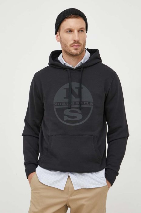 Бавовняна кофта North Sails чоловіча колір чорний з капюшоном з принтом
