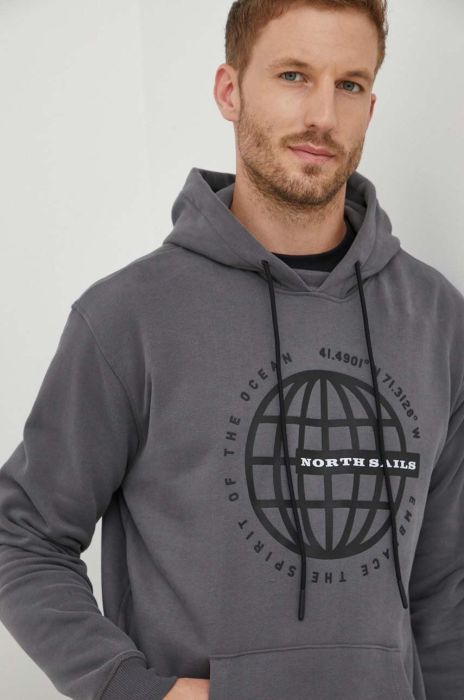 Бавовняна кофта North Sails чоловіча колір сірий з капюшоном з принтом