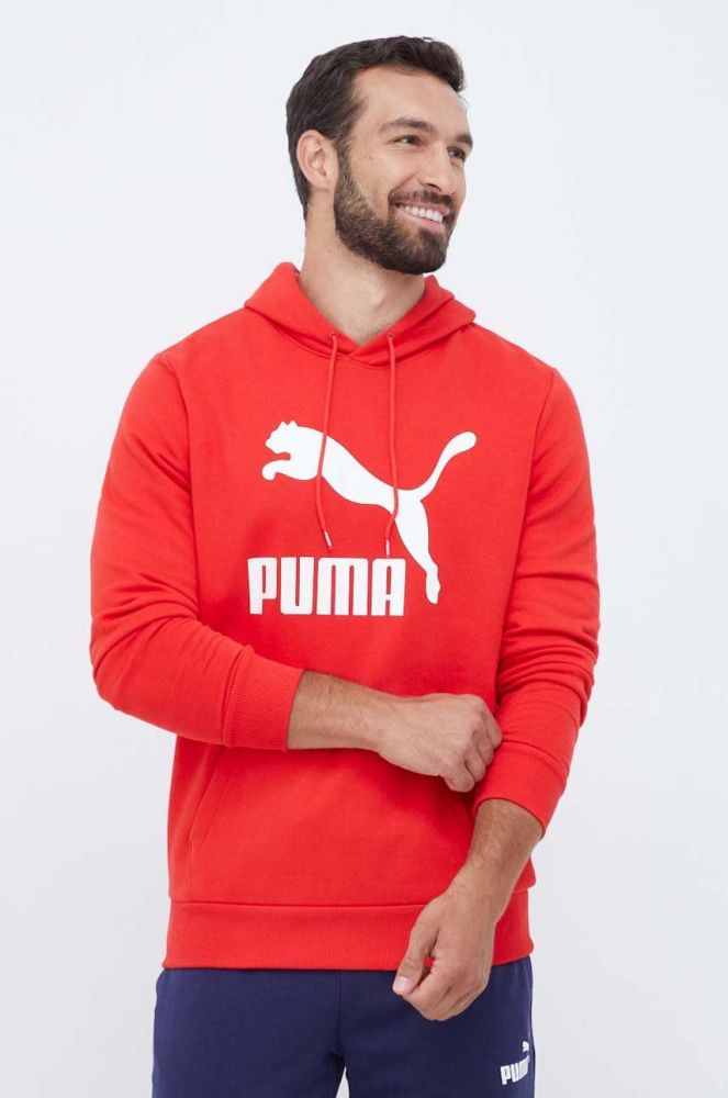 Бавовняна кофта Puma чоловіча колір червоний з капюшоном з принтом