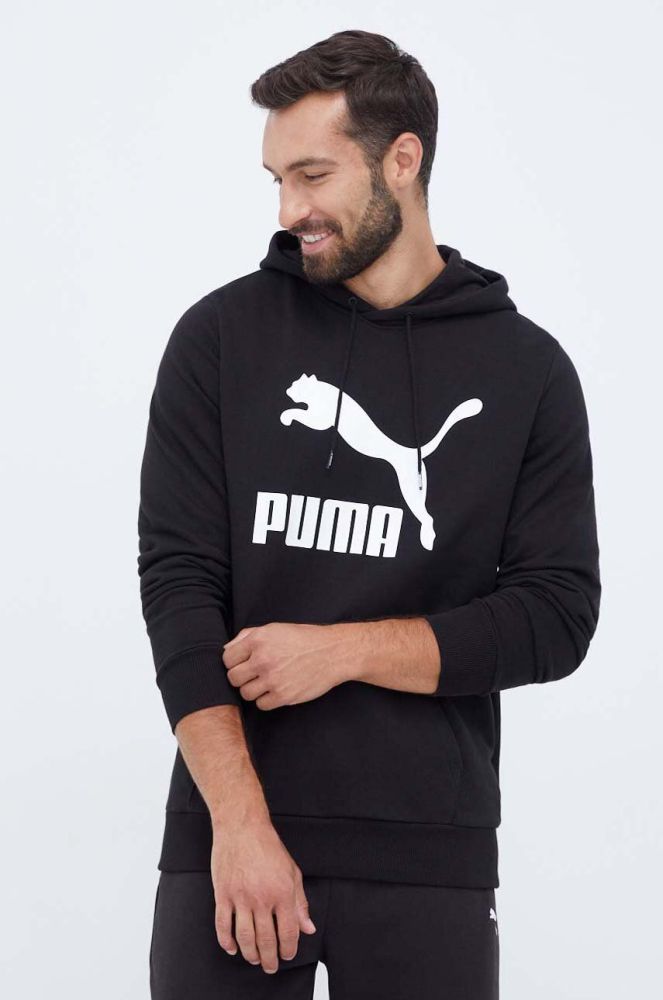 Бавовняна кофта Puma чоловіча колір чорний з капюшоном з принтом (3453774)