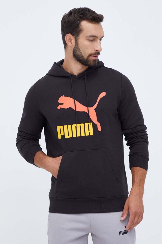 Бавовняна кофта Puma чоловіча колір чорний з капюшоном з принтом (3453782)