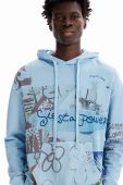 Бавовняна кофта Desigual чоловіча з капюшоном з принтом колір блакитний