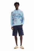 Бавовняна кофта Desigual чоловіча з капюшоном з принтом колір блакитний