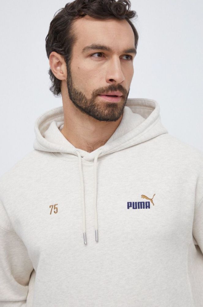 Бавовняна кофта Puma чоловіча колір бежевий з капюшоном з принтом фото 4