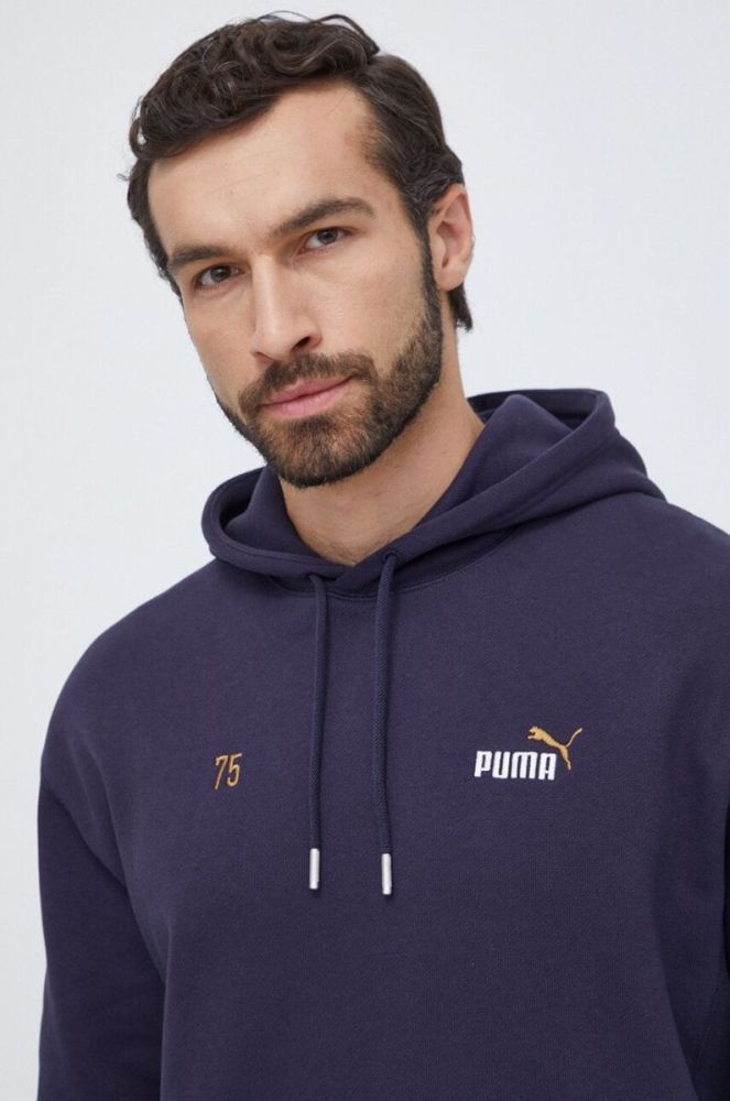 Бавовняна кофта Puma чоловіча колір синій з капюшоном з принтом фото 4