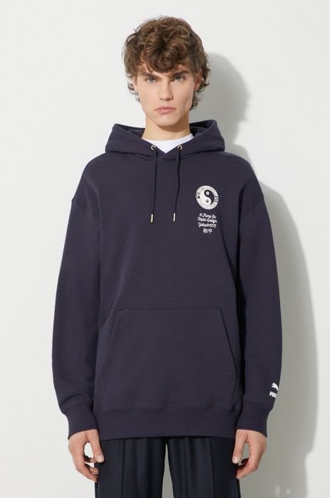 Бавовняна кофта Puma PUMA X STAPLE чоловіча колір синій з капюшоном з принтом
