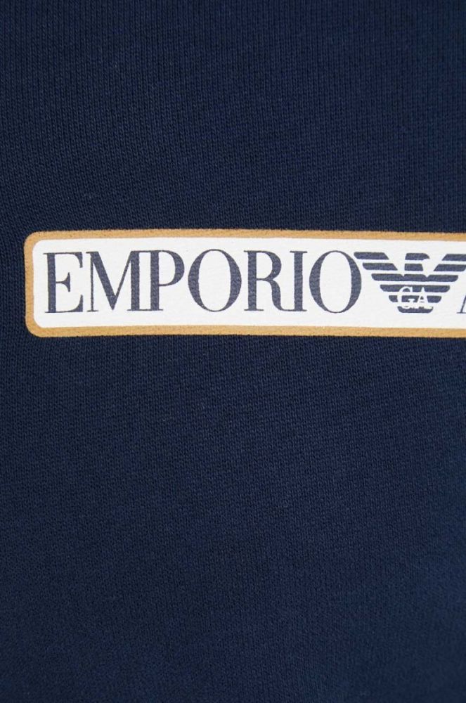 Бавовняна кофта лаунж Emporio Armani Underwear колір синій з капюшоном з принтом фото 5