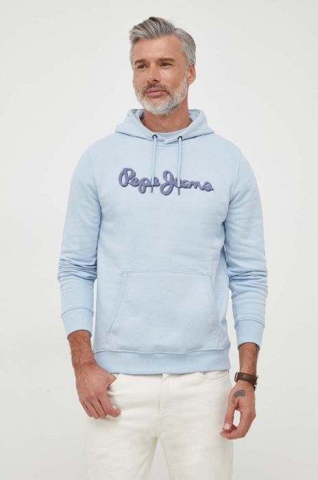 Бавовняна кофта Pepe Jeans чоловіча з капюшоном з аплікацією колір блакитний