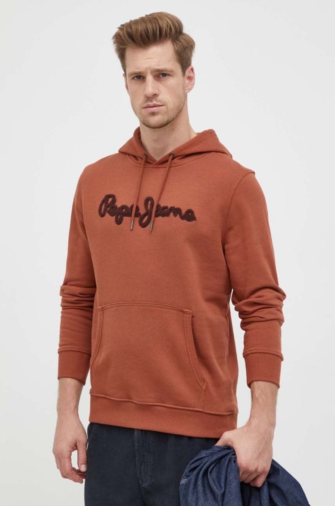 Бавовняна кофта Pepe Jeans Ryan чоловіча колір коричневий з капюшоном з аплікацією