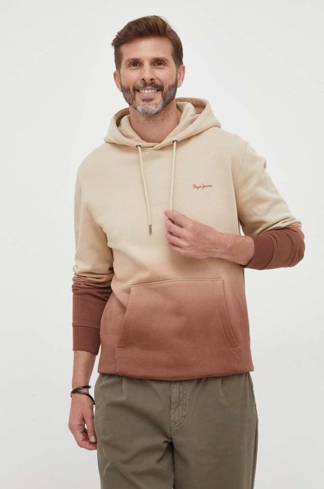 Бавовняна кофта Pepe Jeans чоловіча колір бежевий з капюшоном візерунок