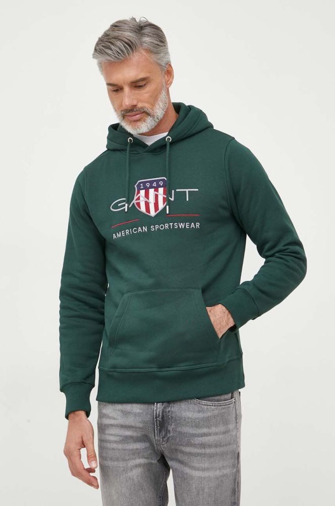 Кофта Gant чоловіча колір зелений з капюшоном з аплікацією (3581783)