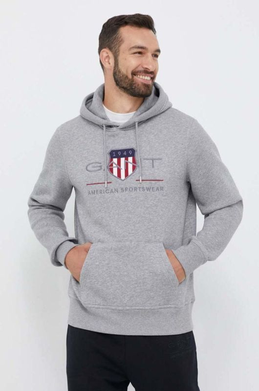 Кофта Gant чоловіча колір сірий з капюшоном з аплікацією (3337934)