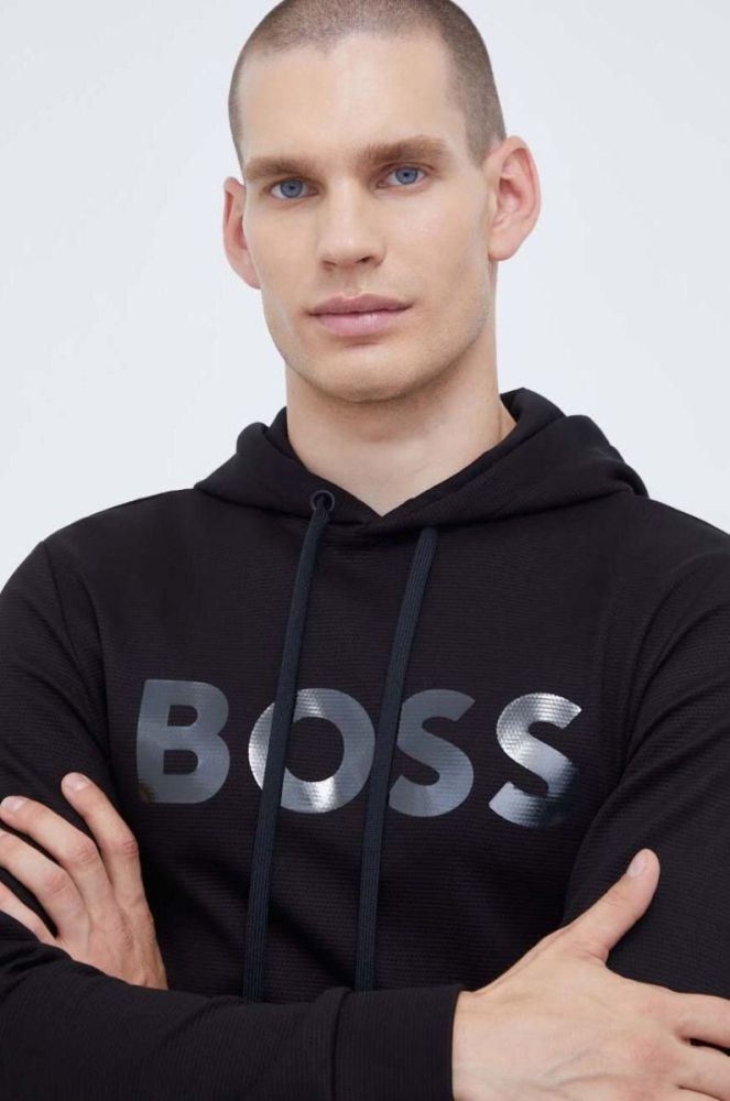 Бавовняна кофта Boss Green BOSS GREEN чоловіча колір чорний з капюшоном з принтом фото 4