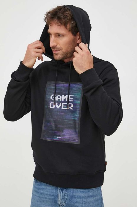 Бавовняна кофта Boss Orange BOSS ORANGE чоловіча колір чорний з капюшоном з аплікацією