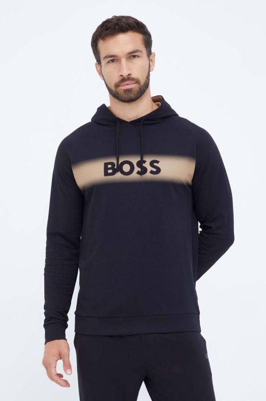 Бавовняна кофта лаунж BOSS колір чорний з капюшоном з принтом (3506689)