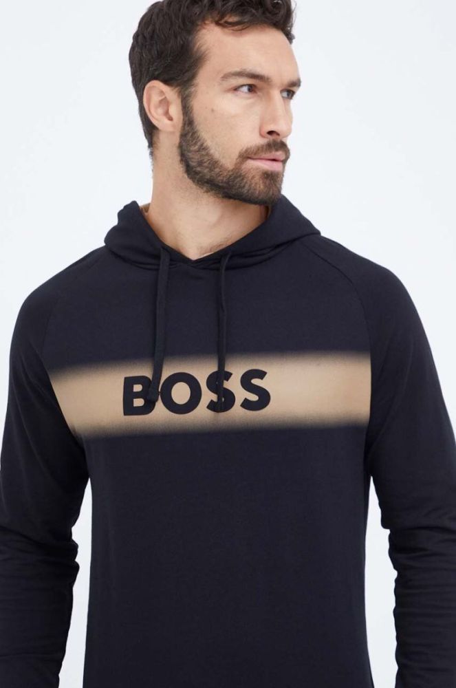 Бавовняна кофта лаунж BOSS колір чорний з капюшоном з принтом (3506689) фото 4