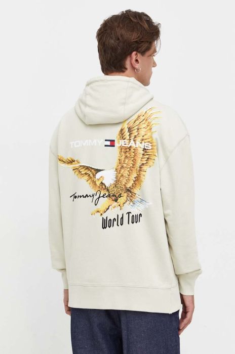 Бавовняна кофта Tommy Jeans чоловіча колір зелений з капюшоном з принтом (3632640)