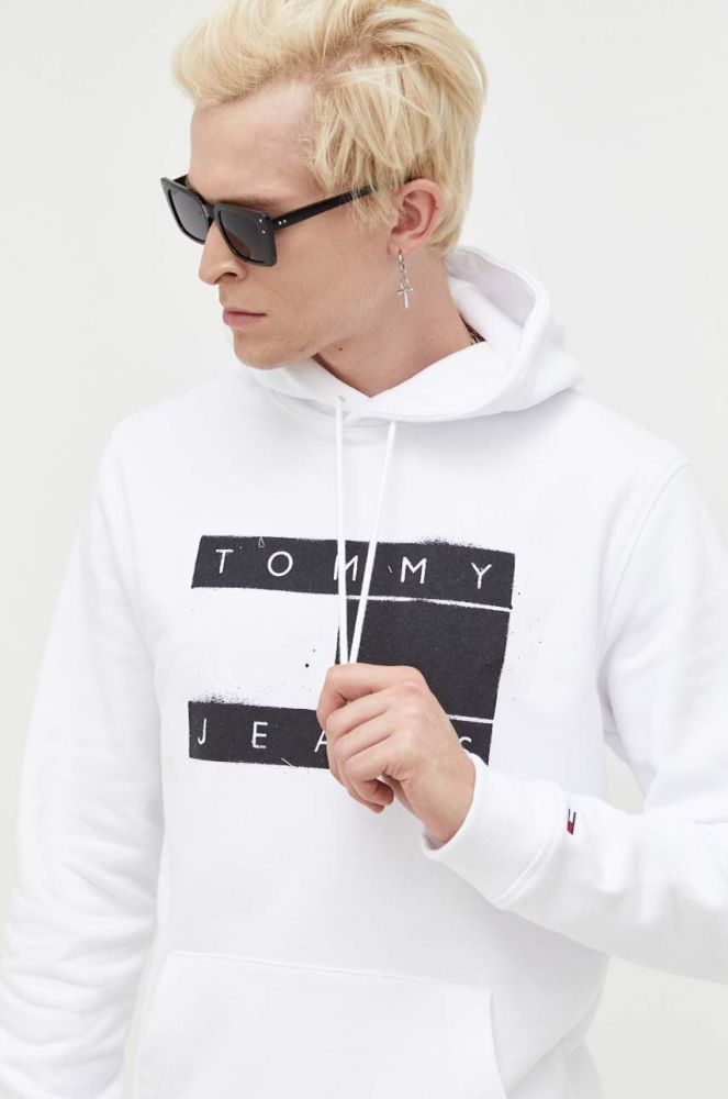 Кофта Tommy Jeans чоловіча колір білий з капюшоном з принтом