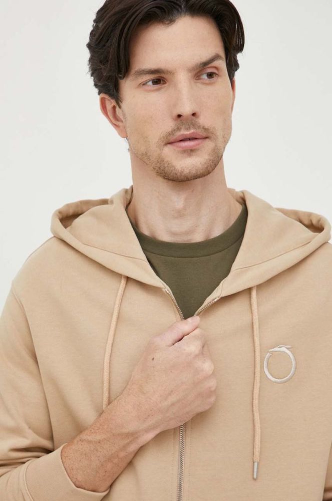 Бавовняна кофта Trussardi чоловіча колір бежевий з капюшоном з аплікацією фото 4