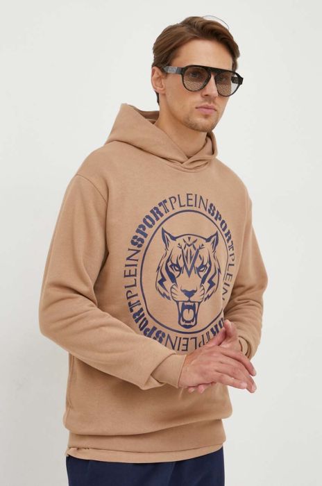 Кофта PLEIN SPORT чоловіча колір бежевий з капюшоном з принтом