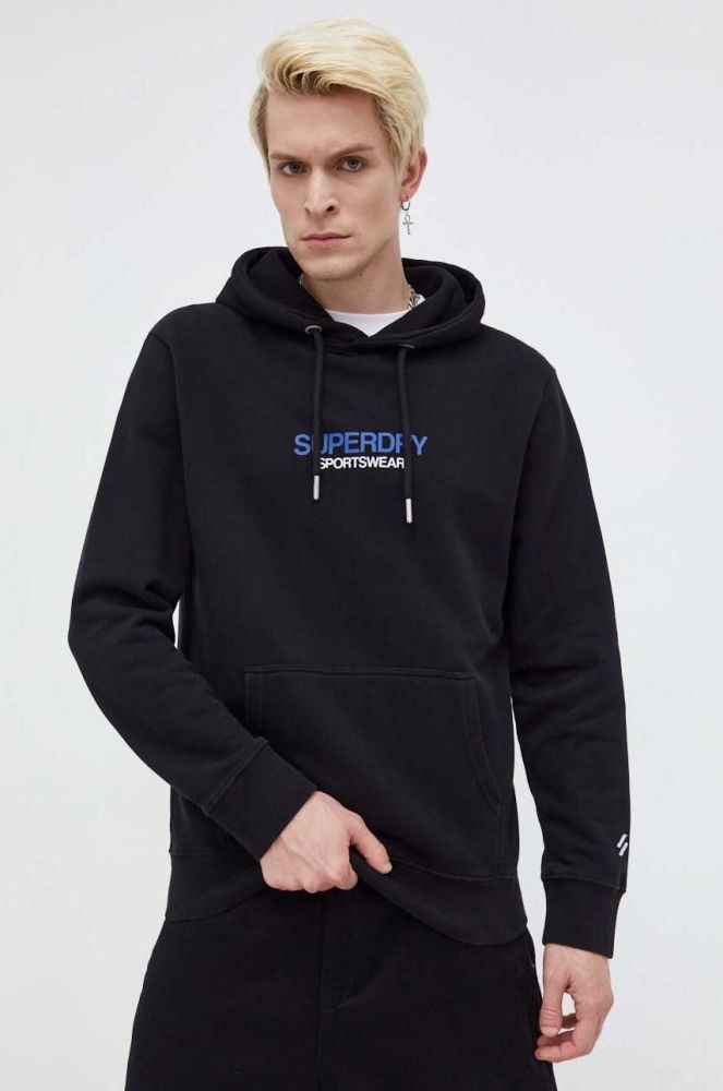 Кофта Superdry чоловіча колір чорний з капюшоном з принтом