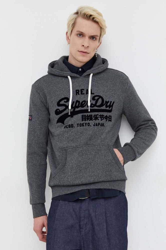 Кофта Superdry чоловіча колір сірий з капюшоном меланж (3489057)