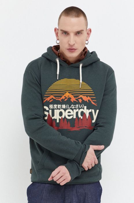 Кофта Superdry чоловіча колір зелений з капюшоном з принтом (3675645)