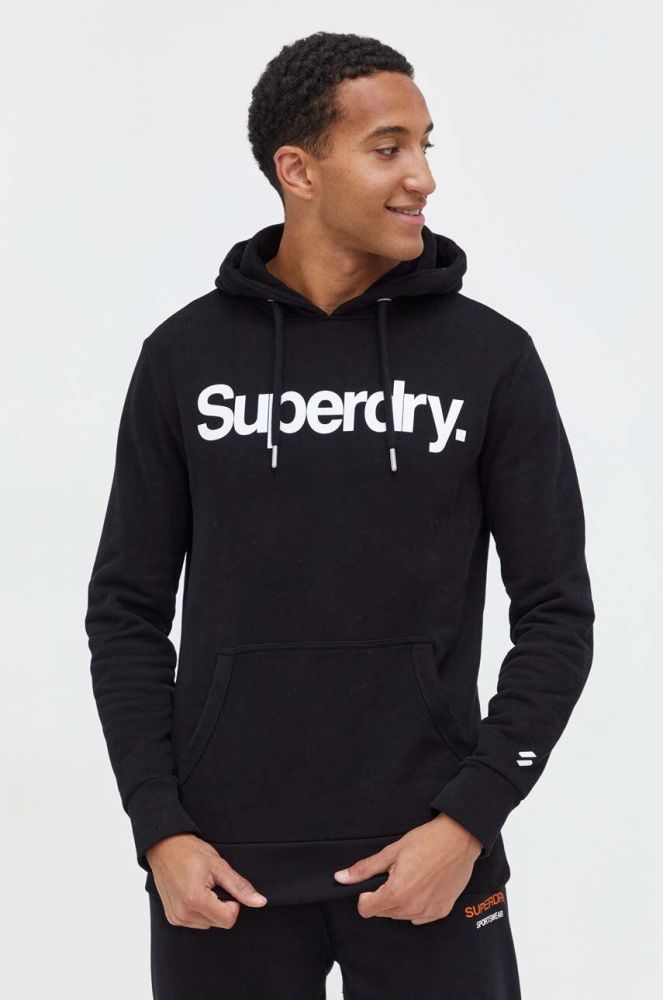 Бавовняна кофта Superdry чоловіча колір чорний з капюшоном з принтом (3574349)