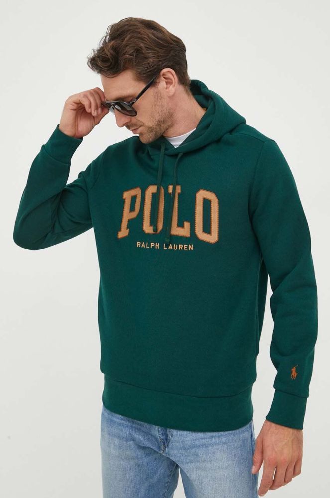 Кофта Polo Ralph Lauren чоловіча колір зелений з капюшоном з аплікацією (3428016)