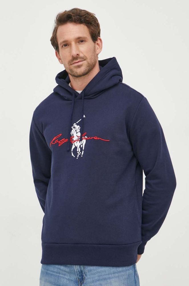 Кофта Polo Ralph Lauren чоловіча колір синій з капюшоном з аплікацією (3523068)