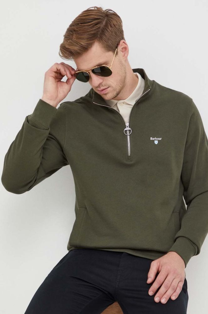 Бавовняна кофта Barbour чоловіча колір зелений однотонна